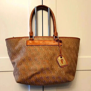 Dooney & Bourke canvas and florentine vacchetta leather handbag tote tan